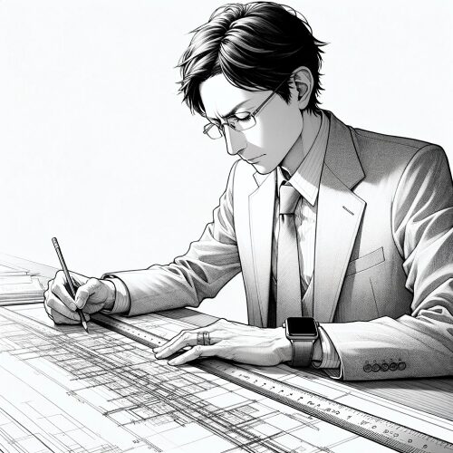 建築図面を丁寧に描いているデザイナーのシーンの鉛筆画イラスト